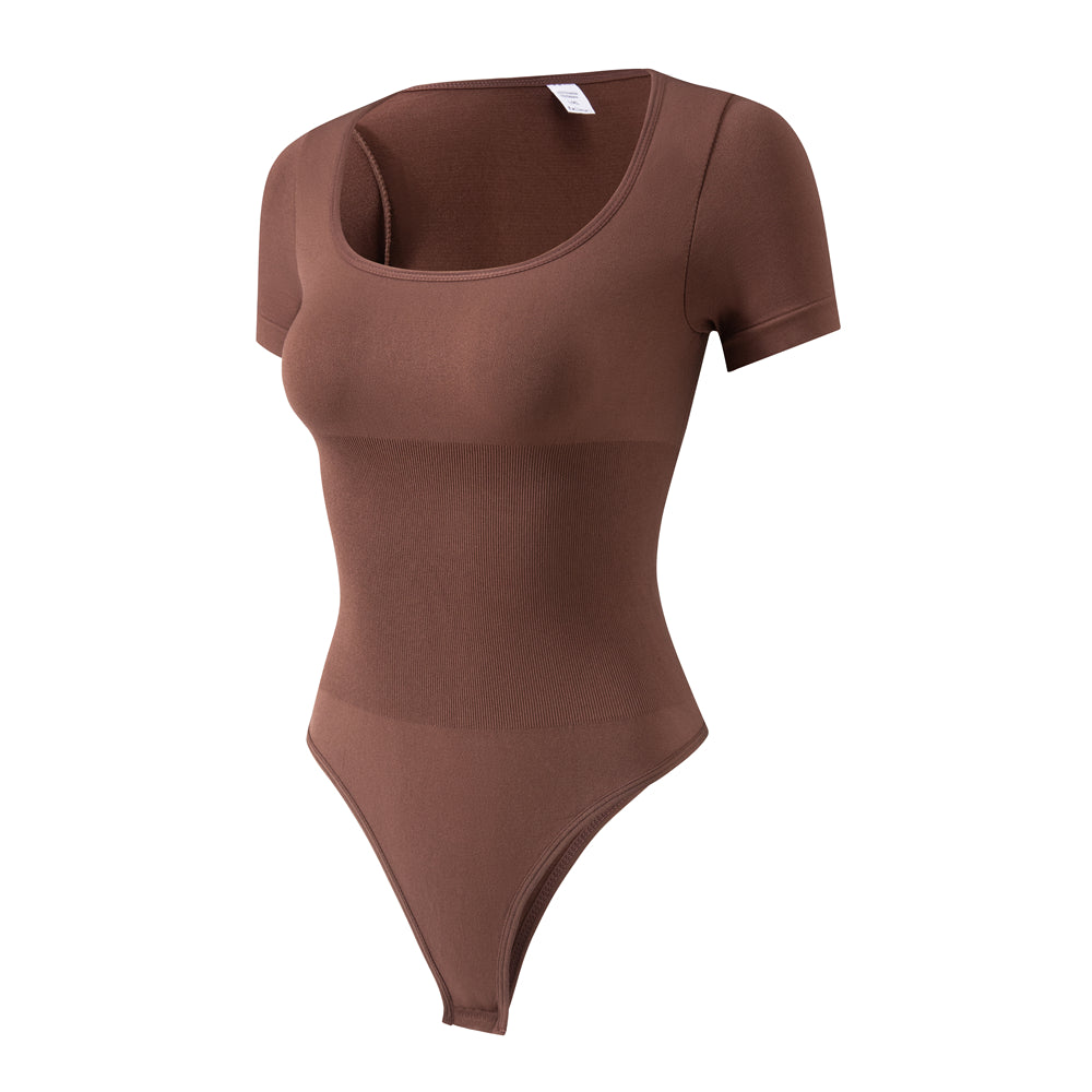 Women's Knitted Short Sleeves Seamless Bodysuit Shapewear Square Neck Thong
