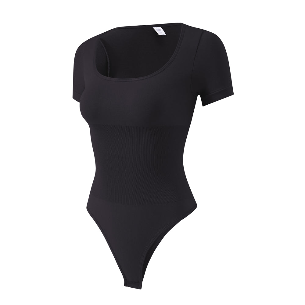 Women's Knitted Short Sleeves Seamless Bodysuit Shapewear Square Neck Thong